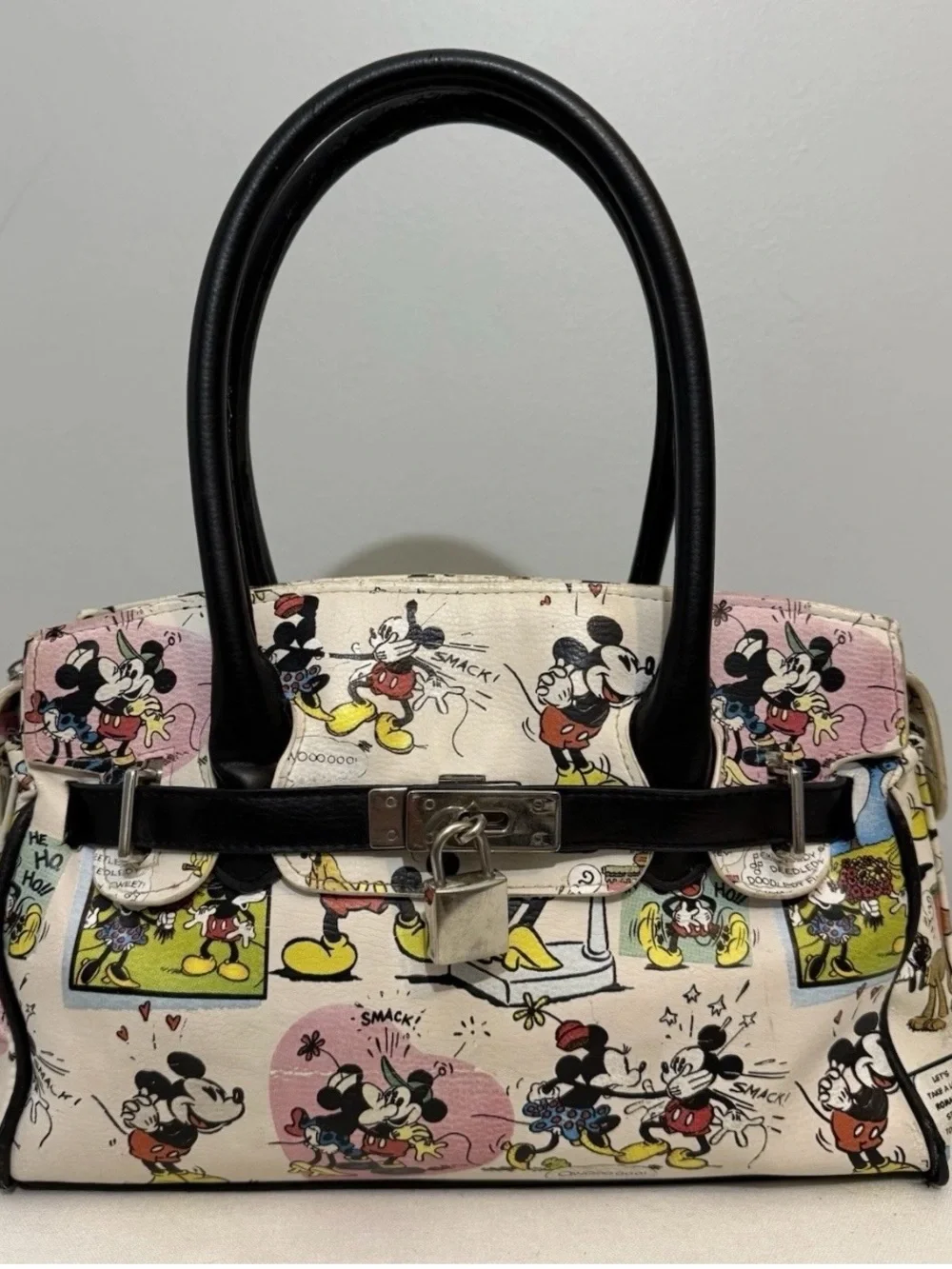 Vintage Disney Mickey Minnie Mouse Top Handle Bag Comic Print Faux Leather -Read